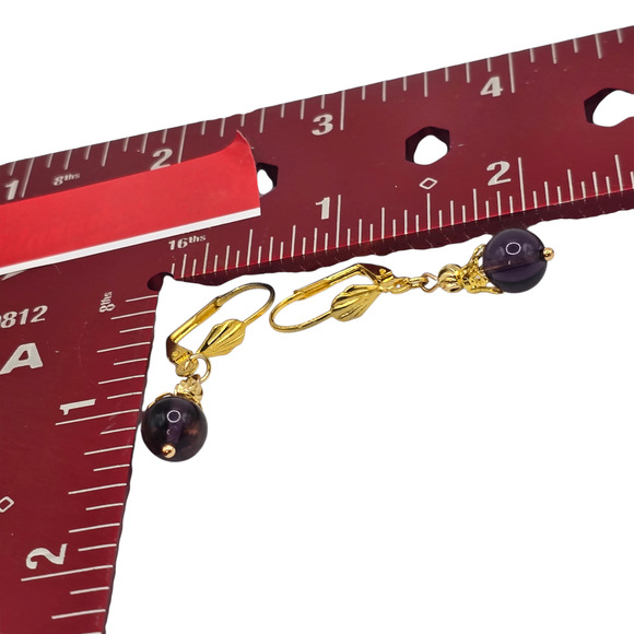 Amethyst Bead Pierced Earrings Dangle Drop Gold Tone Leverback 8mm SKU 2805 - Picture 5 of 8